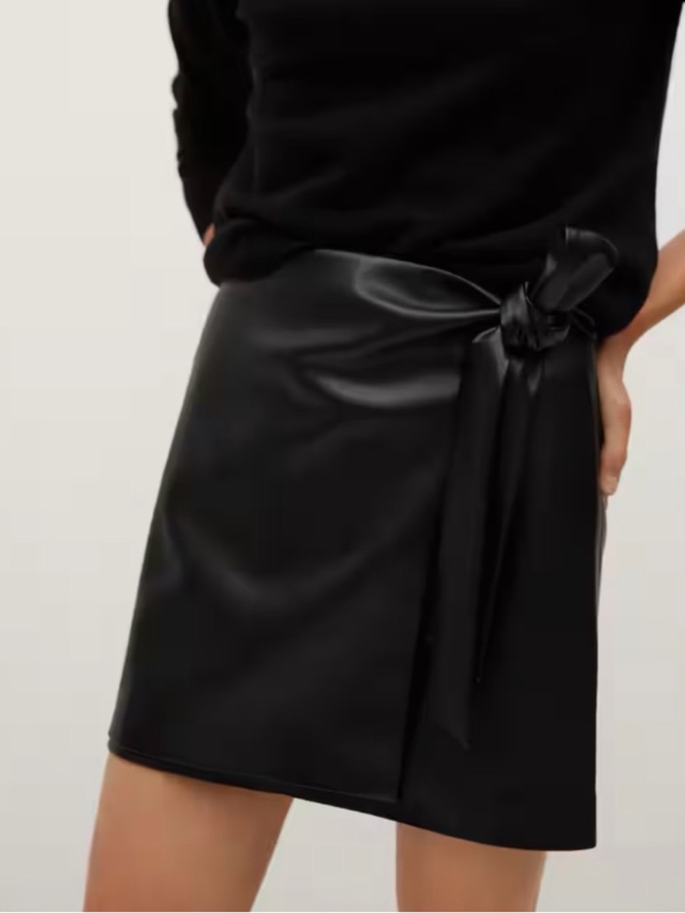 Mango Black Faux Leather Wrap Tie Mini Skirt XS